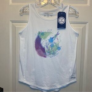 Life Is Good Sz S NWT White Celestial Design Lotus & Dragonfly Sleeveless Tee